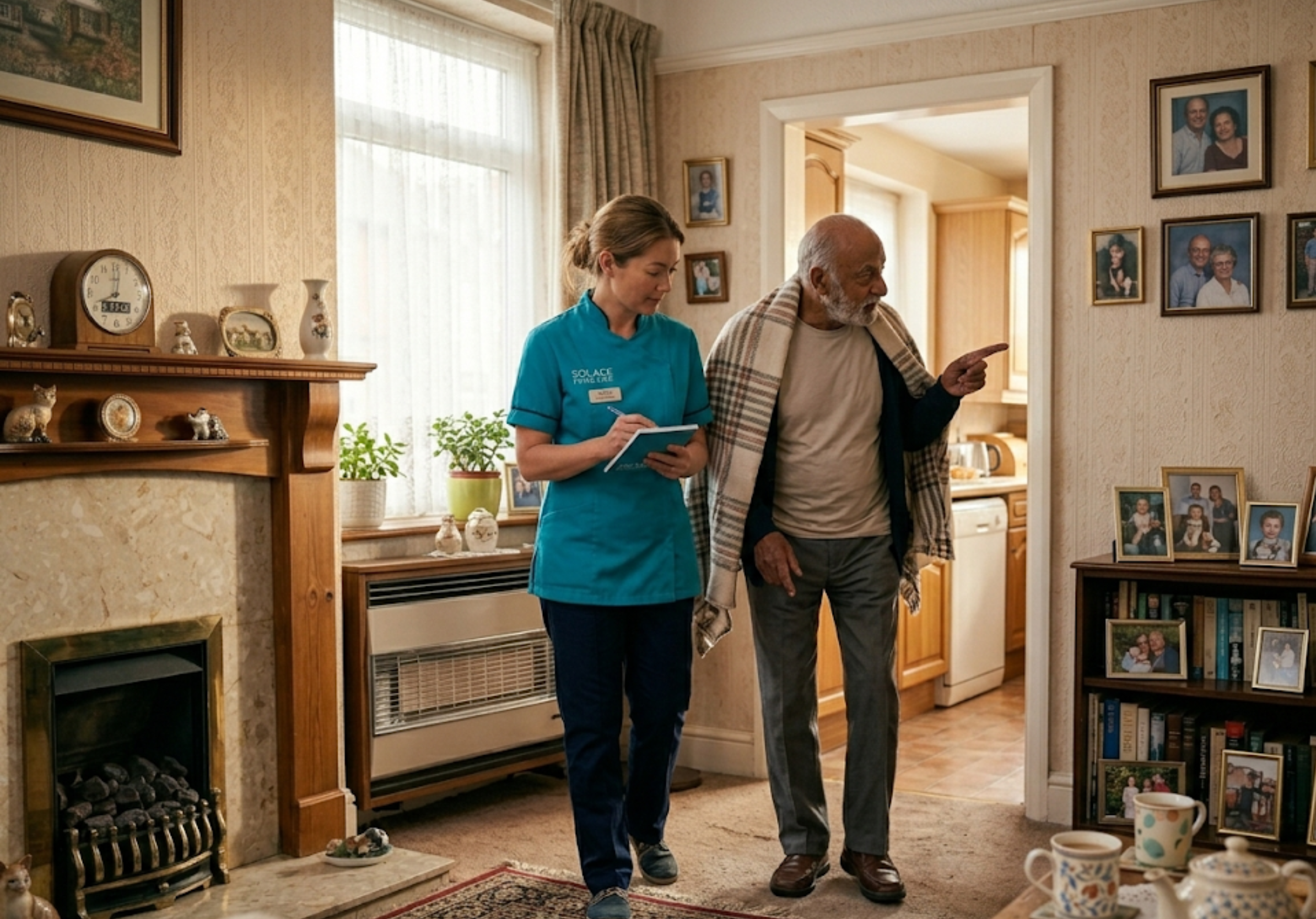 European Solace Prime Care assessor walking through a Sheffield home with an elderly client, observing the environment respectfully